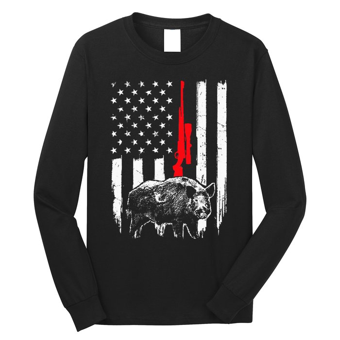 Patriotic American USA Flag Boar Hunting Wild Hog Hunter Long Sleeve Shirt