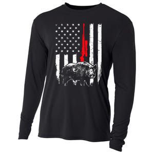 Patriotic American USA Flag Boar Hunting Wild Hog Hunter Cooling Performance Long Sleeve Crew