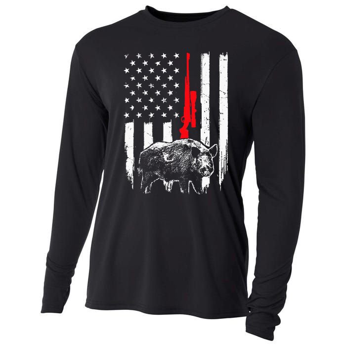 Patriotic American USA Flag Boar Hunting Wild Hog Hunter Cooling Performance Long Sleeve Crew