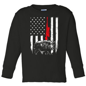 Patriotic American USA Flag Boar Hunting Wild Hog Hunter Toddler Long Sleeve Shirt