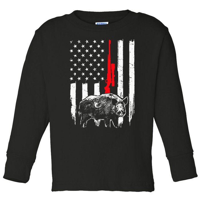 Patriotic American USA Flag Boar Hunting Wild Hog Hunter Toddler Long Sleeve Shirt