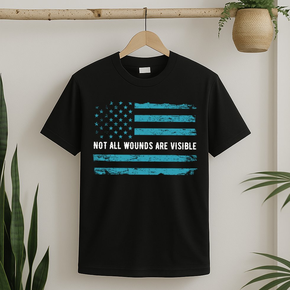 Ptsd Awareness Us Flag In Teal Color T Warrior Gift T-Shirt