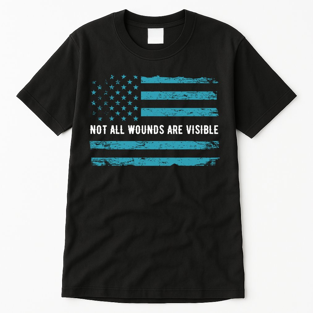 Ptsd Awareness Us Flag In Teal Color T Warrior Gift Tall T-Shirt