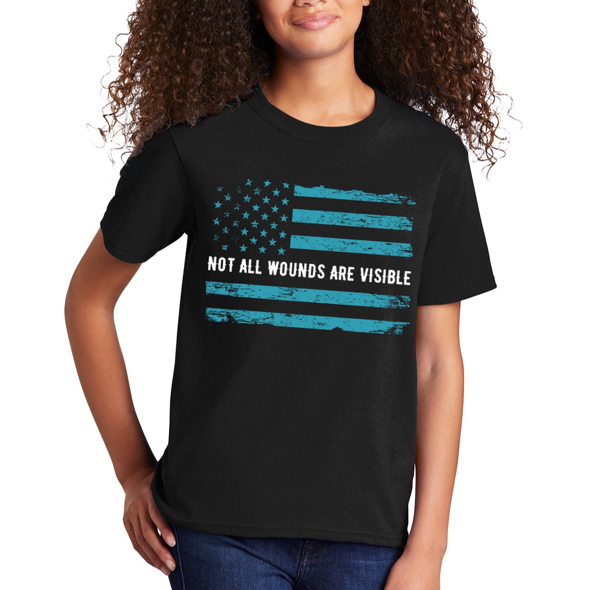 Ptsd Awareness Us Flag In Teal Color T Warrior Gift Kids T-Shirt