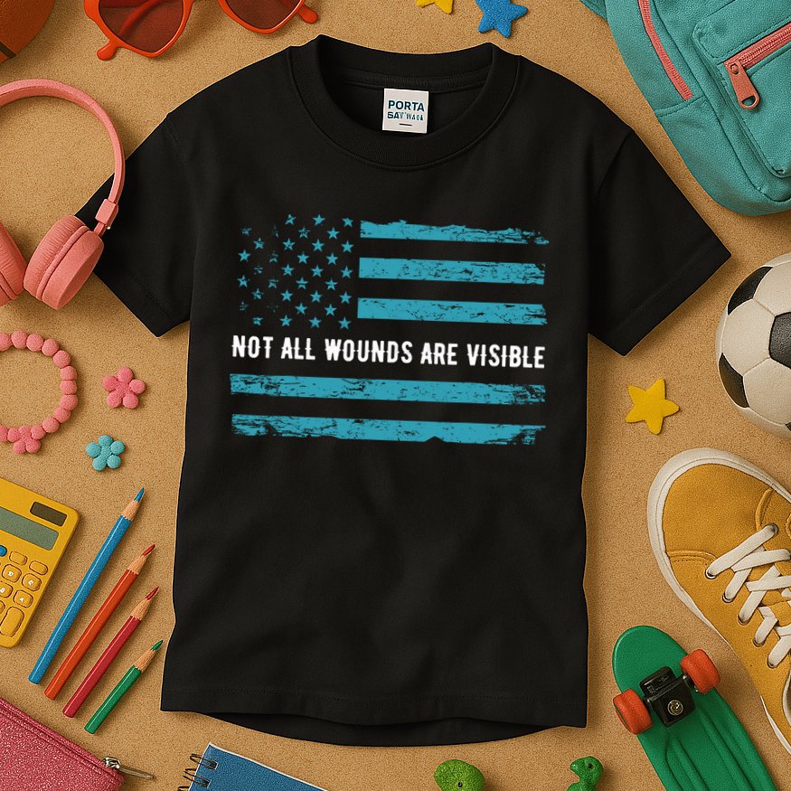 Ptsd Awareness Us Flag In Teal Color T Warrior Gift Kids T-Shirt