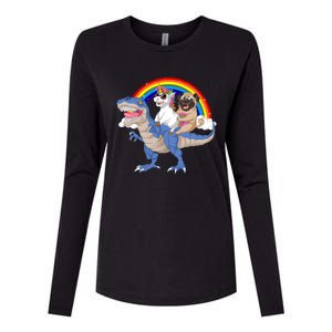 Pug And Unicorn Riding Dinosaur Womens Cotton Relaxed Long Sleeve T-Shirt