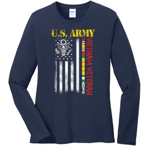 Proud Army Vietnam Veteran American Flag Ladies Long Sleeve Shirt