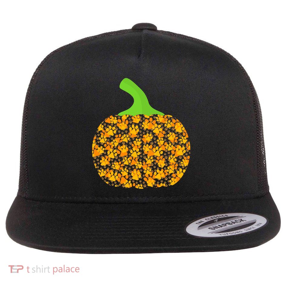 Paw Print Pumpkin Flat Bill Trucker Hat