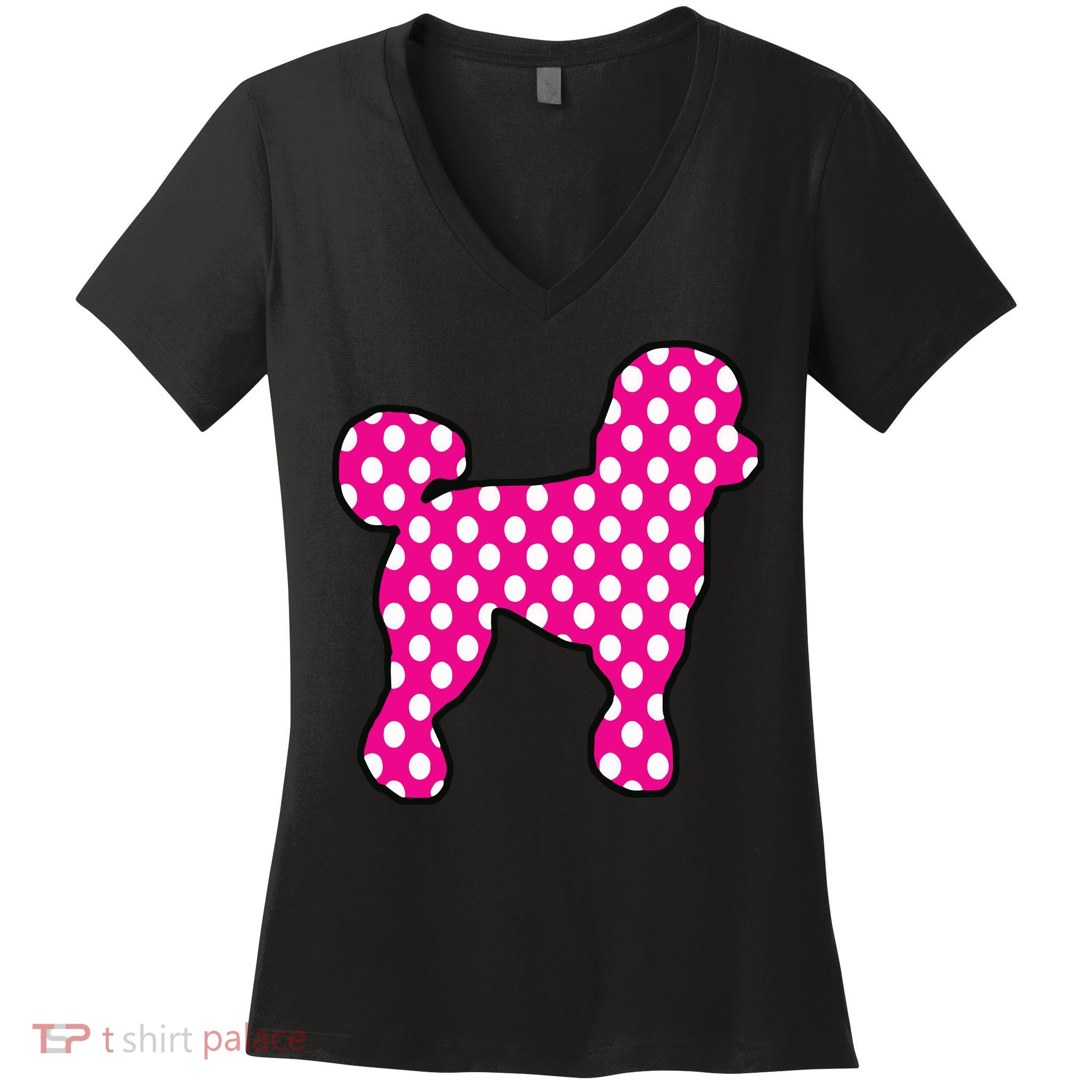Pink And White Polka Dot Poodle For 50s Sock Hop Dance Women's V-Neck T-Shirt