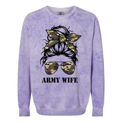 Proud Army Wife Messy Bun Camo Flag Spouse Military Pride Gift Colorblast Crewneck Sweatshirt