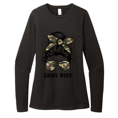 Proud Army Wife Messy Bun Camo Flag Spouse Military Pride Gift Womens CVC Long Sleeve Shirt