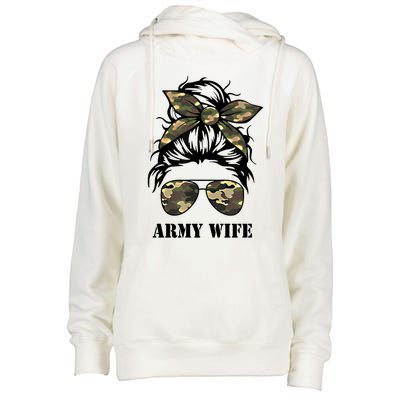 Proud Army Wife Messy Bun Camo Flag Spouse Military Pride Gift Womens Funnel Neck Pullover Hood