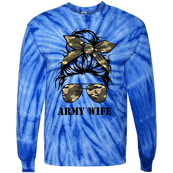 Proud Army Wife Messy Bun Camo Flag Spouse Military Pride Gift Tie-Dye Long Sleeve Shirt