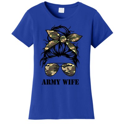 Proud Army Wife Messy Bun Camo Flag Spouse Military Pride Gift Women's T-Shirt