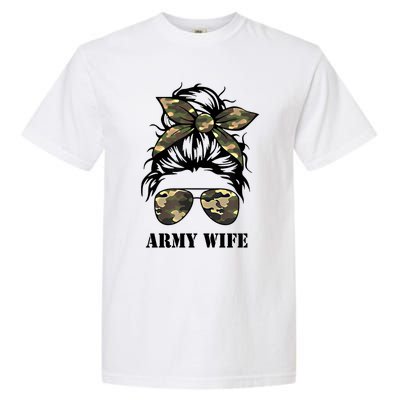 Proud Army Wife Messy Bun Camo Flag Spouse Military Pride Gift Garment-Dyed Heavyweight T-Shirt