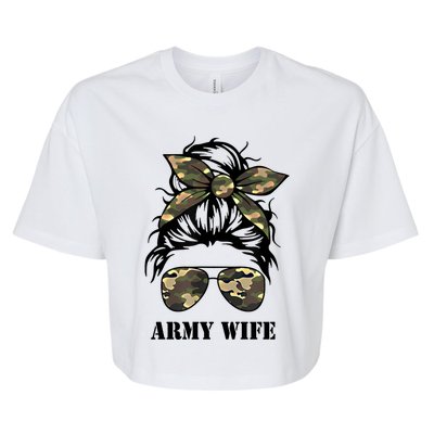 Proud Army Wife Messy Bun Camo Flag Spouse Military Pride Gift Bella+Canvas Jersey Crop Tee