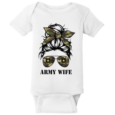 Proud Army Wife Messy Bun Hair Camouflage Bandana Sunglasses Baby Bodysuit