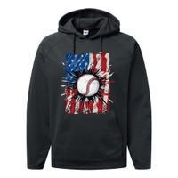 Patriotic Baseball 4th Of July Usa American Flag Performance Fleece Hoodie