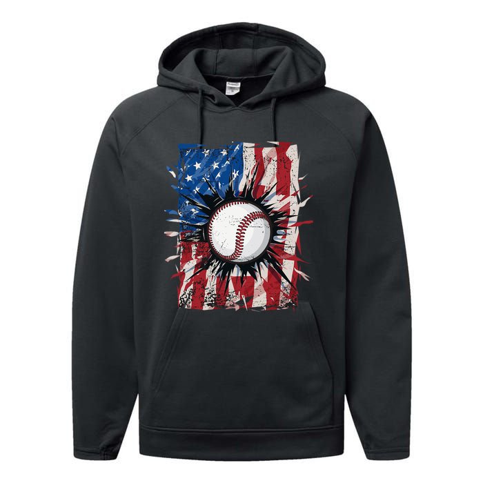 Patriotic Baseball 4th Of July Usa American Flag Performance Fleece Hoodie