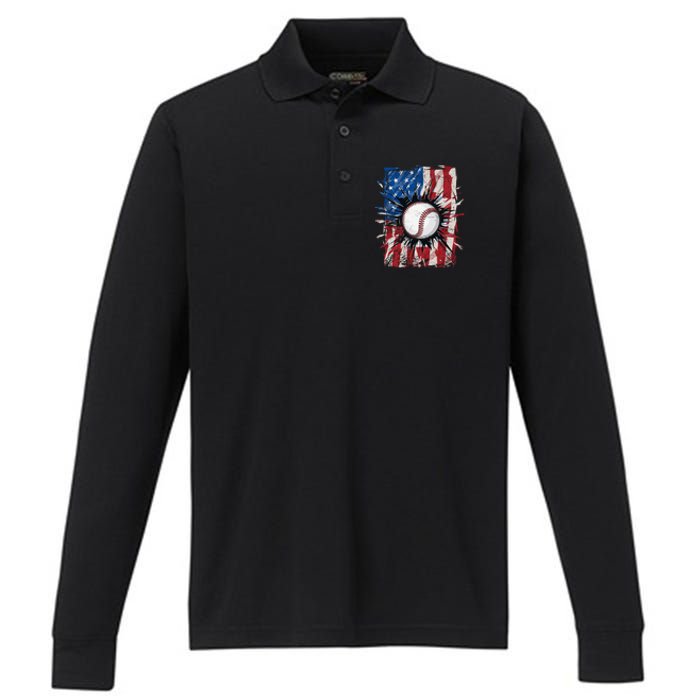 Patriotic Baseball 4th Of July Usa American Flag Performance Long Sleeve Polo