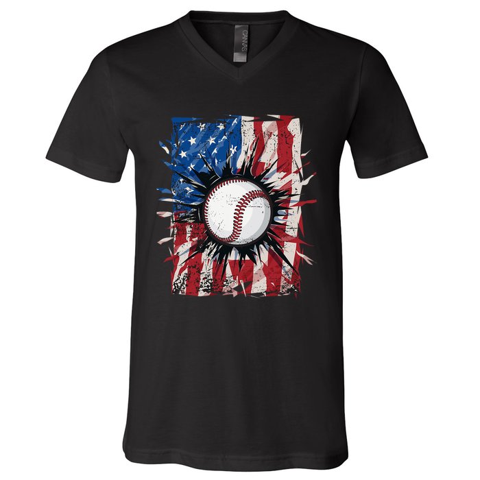 Patriotic Baseball 4th Of July Usa American Flag V-Neck T-Shirt