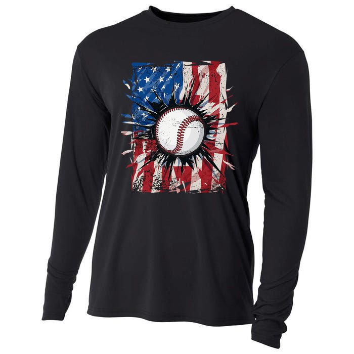 Patriotic Baseball 4th Of July Usa American Flag Cooling Performance Long Sleeve Crew