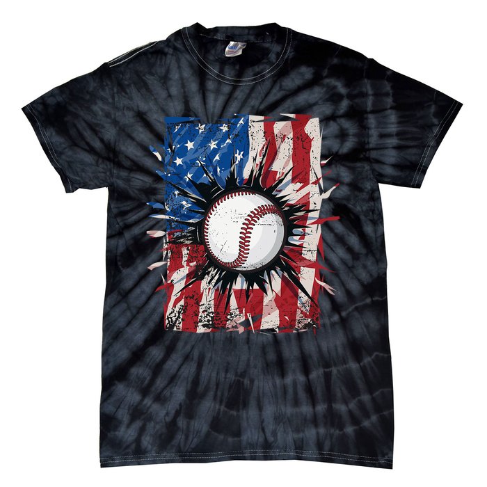 Patriotic Baseball 4th Of July Usa American Flag Tie-Dye T-Shirt