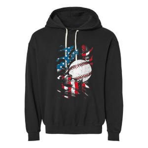 Patriotic Baseball 4th Of July USA American Flag Garment-Dyed Fleece Hoodie