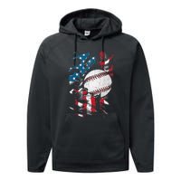 Patriotic Baseball 4th Of July USA American Flag Performance Fleece Hoodie