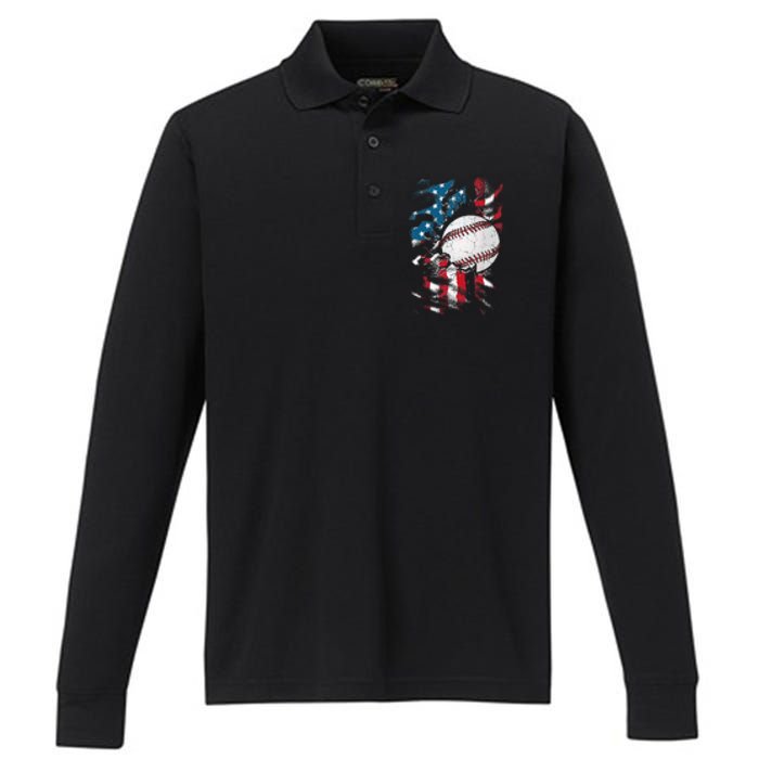 Patriotic Baseball 4th Of July USA American Flag Performance Long Sleeve Polo