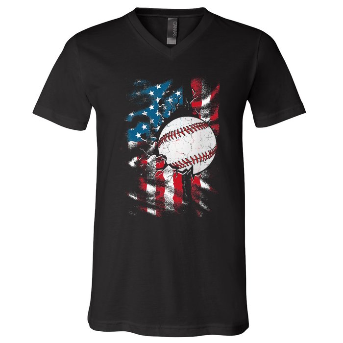 Patriotic Baseball 4th Of July USA American Flag V-Neck T-Shirt