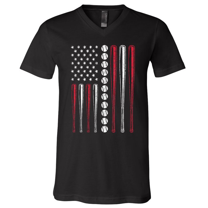 Patriotic Baseball 4th Of July Men USA American Flag V-Neck T-Shirt