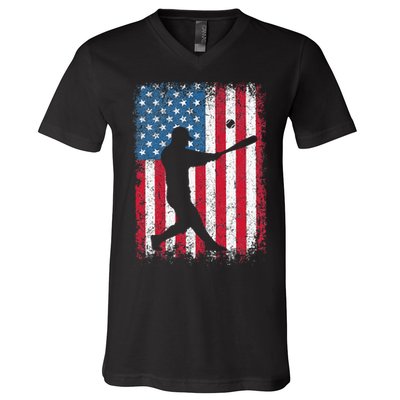 Patriotic Baseball 4th Of July Men USA American Flag V-Neck T-Shirt