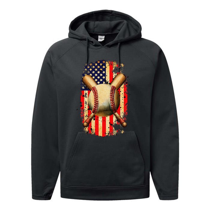 Patriotic Baseball 4th Of July USA American Flag Performance Fleece Hoodie