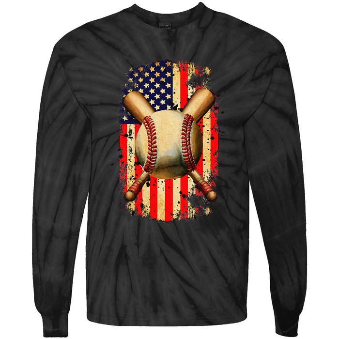 Patriotic Baseball 4th Of July USA American Flag Tie-Dye Long Sleeve Shirt