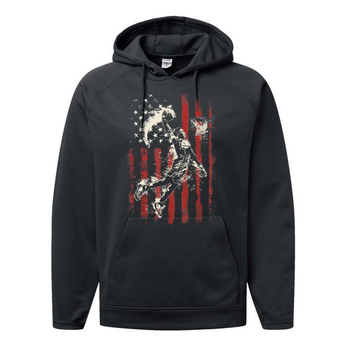 Patriotic Basketball 4th Of July Usa American Flag Performance Fleece Hoodie