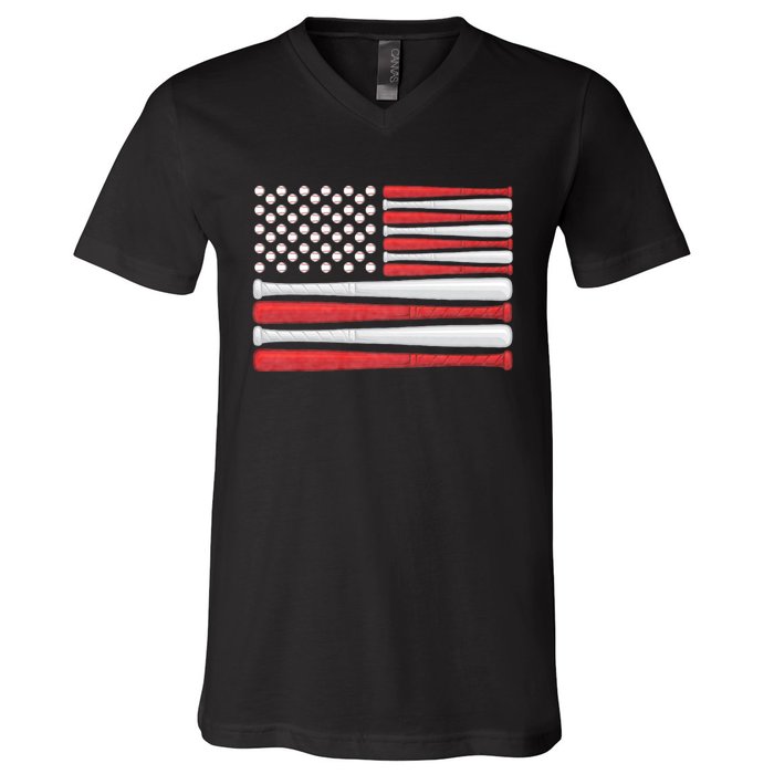 Patriotic Baseball 4th Of July Usa American Flag Vintage Baseball American Flag V-Neck T-Shirt