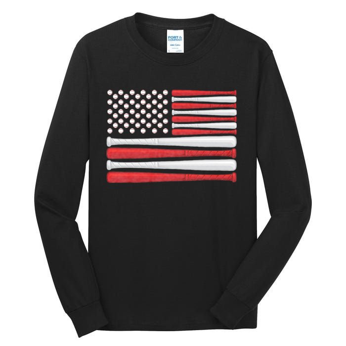 Patriotic Baseball 4th Of July Usa American Flag Vintage Baseball American Flag Tall Long Sleeve T-Shirt