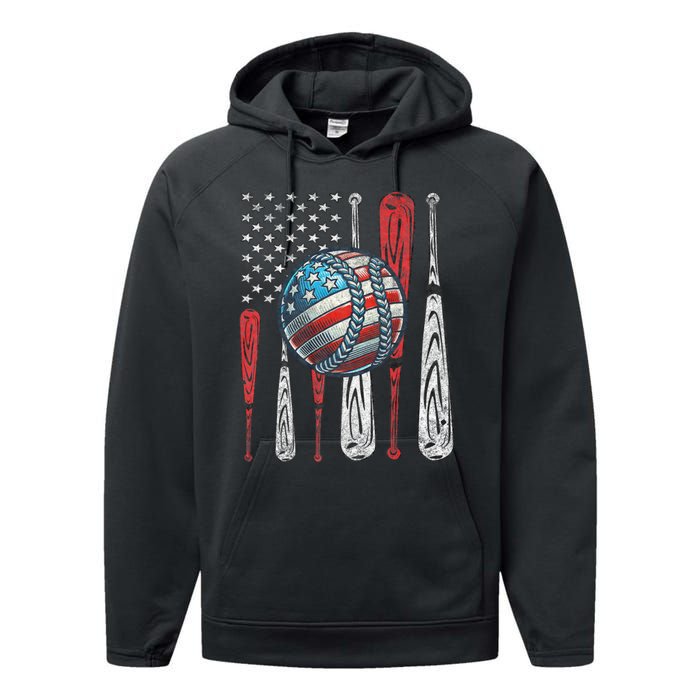 Patriotic Baseball 4th Of July Usa American Flag Vintage Baseball American Flag Performance Fleece Hoodie