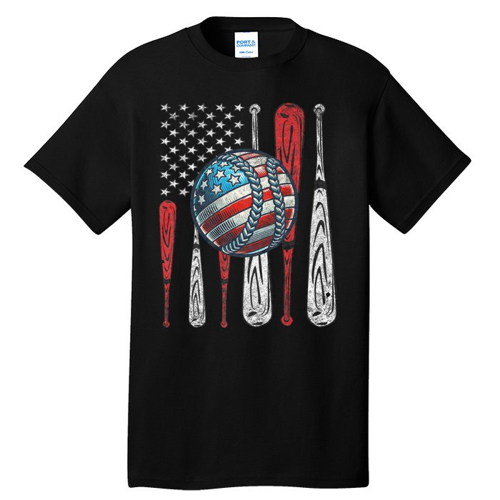 Patriotic Baseball 4th Of July Usa American Flag Vintage Baseball American Flag Tall T-Shirt