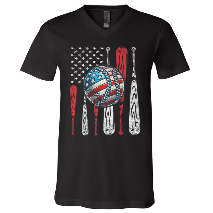 Patriotic Baseball 4th Of July Usa American Flag Vintage Baseball American Flag V-Neck T-Shirt