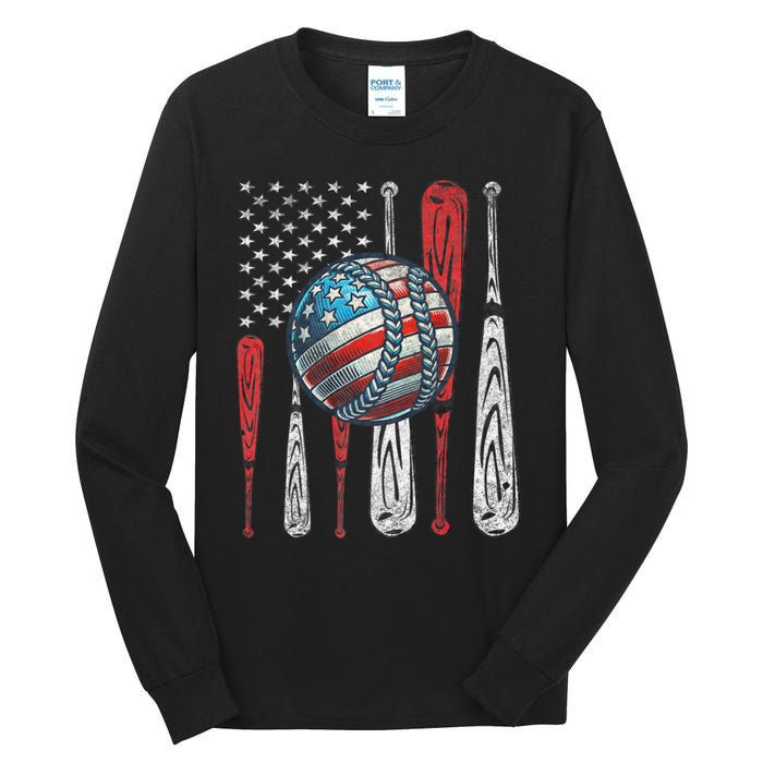 Patriotic Baseball 4th Of July Usa American Flag Vintage Baseball American Flag Tall Long Sleeve T-Shirt