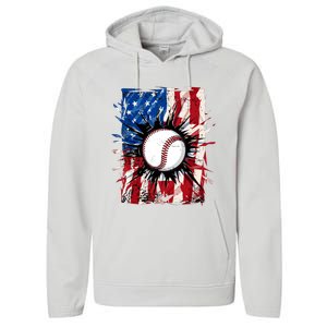 Patriotic Baseball 4th Of July Usa American Flag Boy Performance Fleece Hoodie