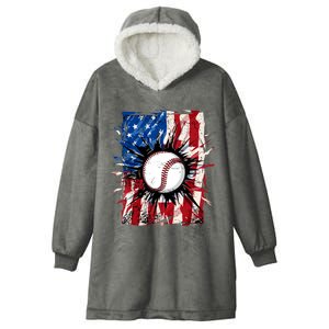 Patriotic Baseball 4th Of July Usa American Flag Boy Hooded Wearable Blanket