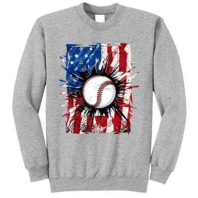 Patriotic Baseball 4th Of July Usa American Flag Boy Tall Sweatshirt