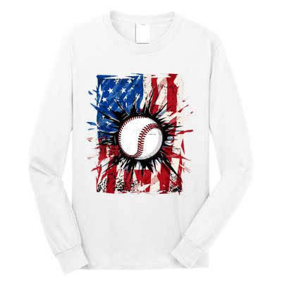 Patriotic Baseball 4th Of July Usa American Flag Boy Long Sleeve Shirt