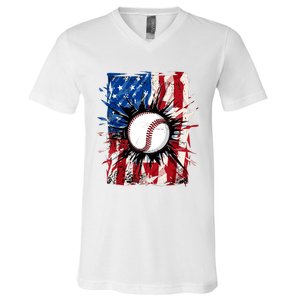 Patriotic Baseball 4th Of July Usa American Flag Boy V-Neck T-Shirt