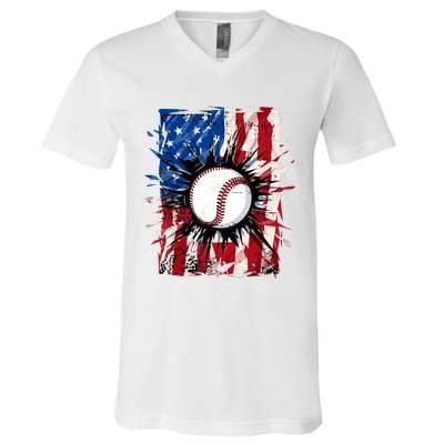 Patriotic Baseball 4th Of July Usa American Flag Boy V-Neck T-Shirt