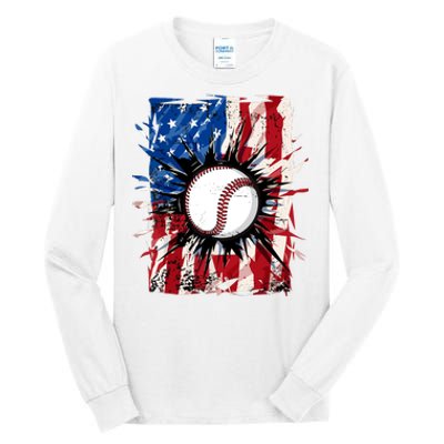 Patriotic Baseball 4th Of July Usa American Flag Boy Tall Long Sleeve T-Shirt