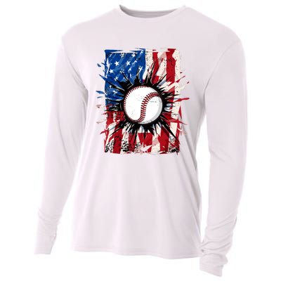 Patriotic Baseball 4th Of July Usa American Flag Boy Cooling Performance Long Sleeve Crew